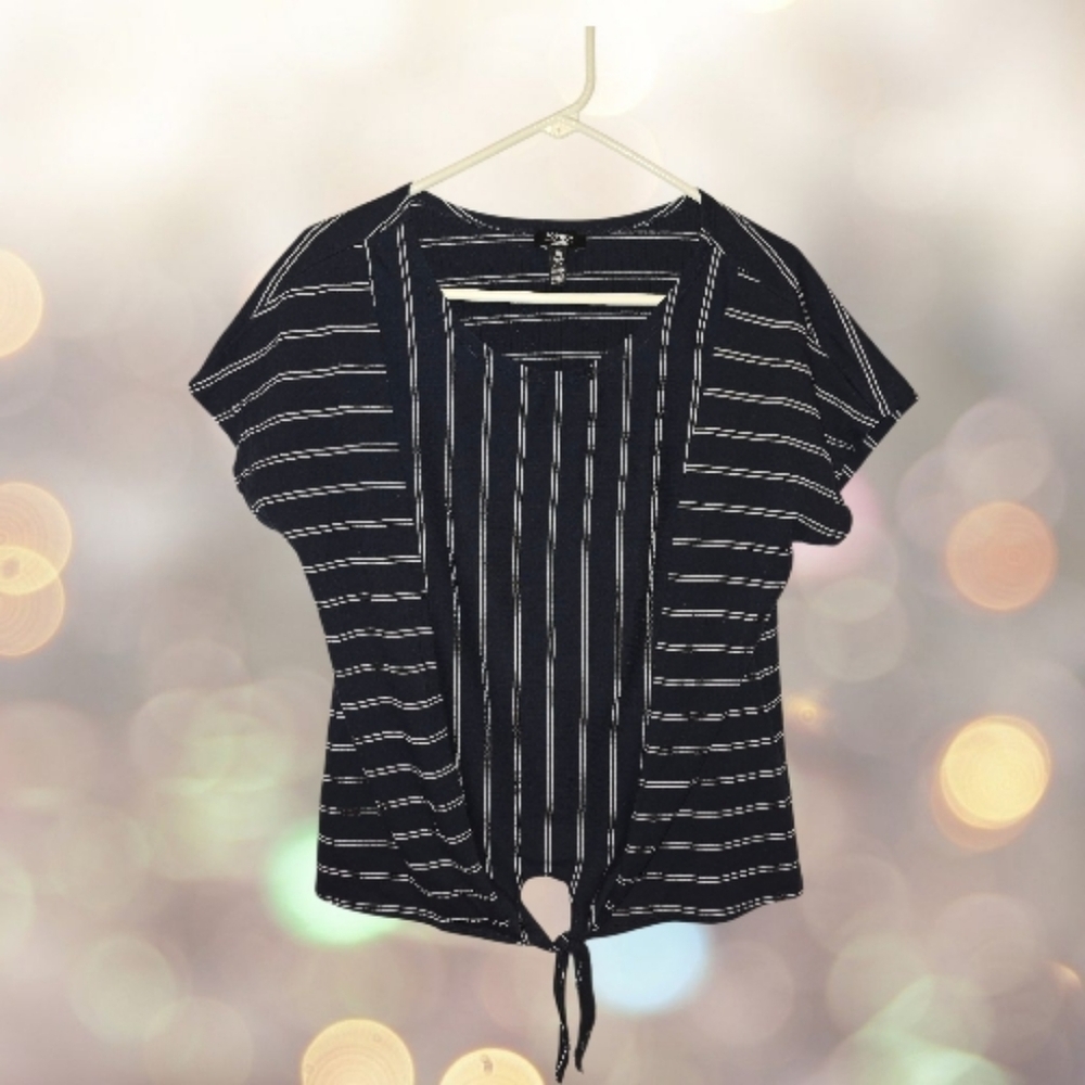 Jones New York Signature Navy & White Striped Blouse Size Large